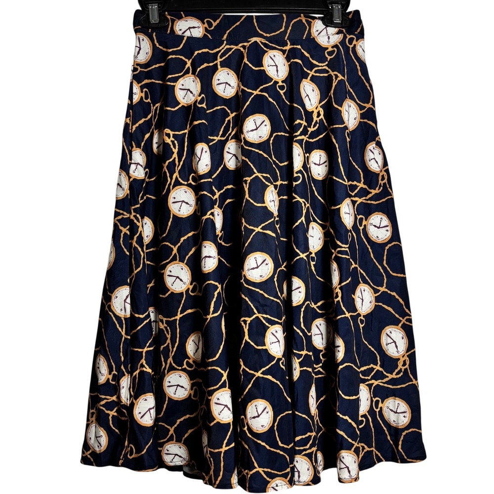 ModCloth Just this Sway A Line Navy‎ Pocket Watch Midi Skirt Sz Small Retro Chic